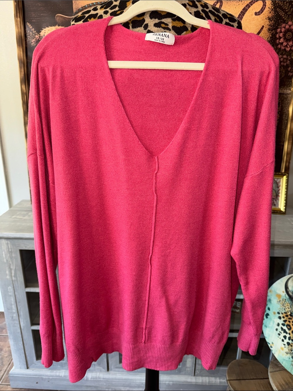 ZENANA Coral Pinky  V-Neck Women's Sweater - Size 1X/2X